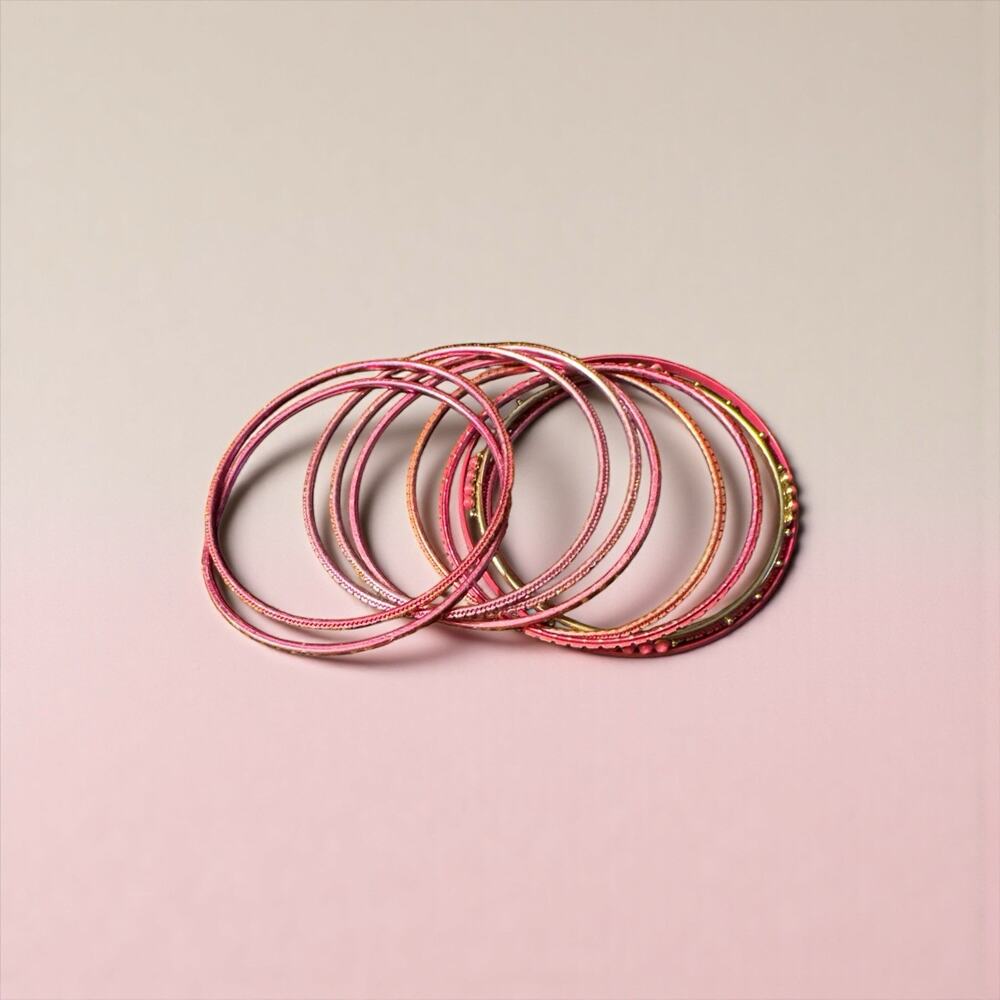 Set Of 10 Bangle Bracelets Bright Pink Gold Tone Bling Mix Fashion 2.5"